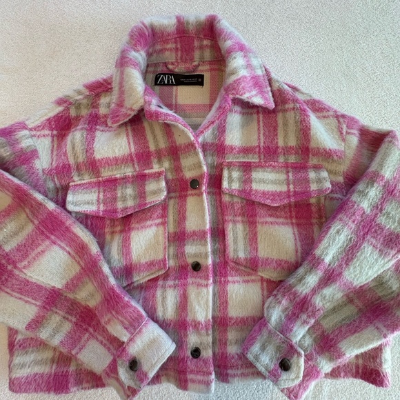 Zara Pink Ivory Plaid Cropped Shacket Oversized Trucker Jacket XS - Picture 4 of 10